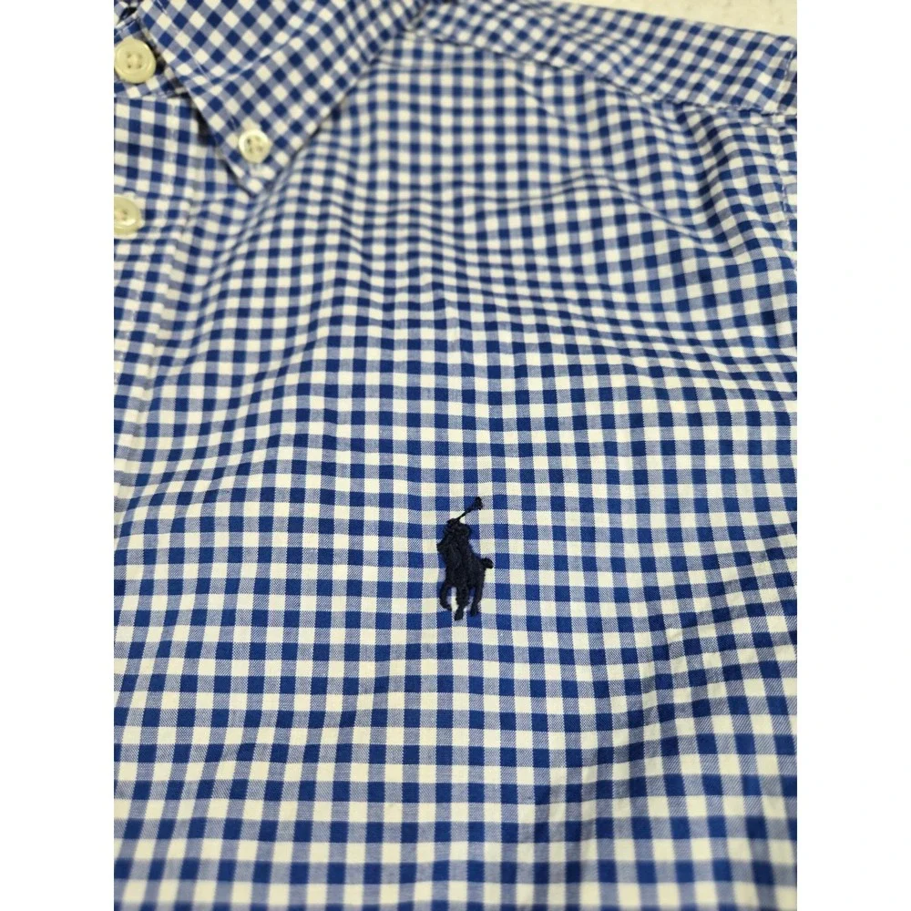 Ralph Lauren Boys Blue White Gingham Button Down Shirt Natural Stretch L 14-16
